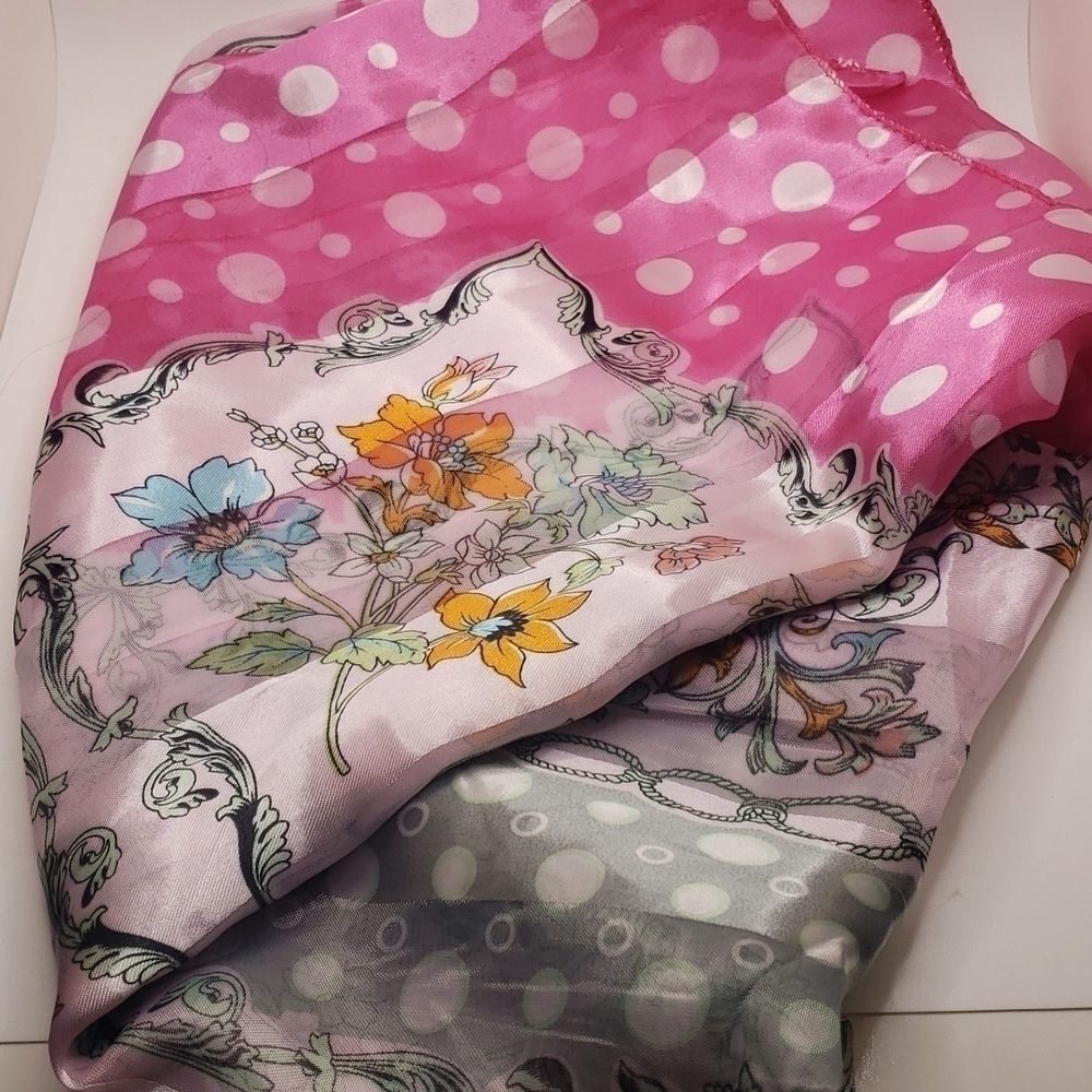 𝅺polka-dot summer scarf satin silky pink floral scarf